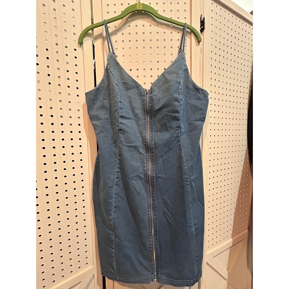 IRIS Denim Mini Dress Women's L Blue Sleeveless V-Neck Zip Front Casual
